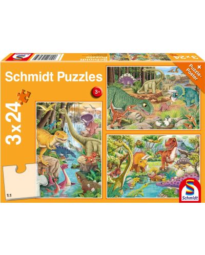 Puzzle Schmidt 3 x 24 piese - Distracție cu dinozauri - 1